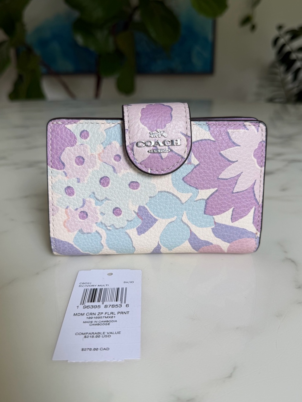COACH Medium Corner Zip Wallet With Floral Print Ivory Purple Pink Multi CBO31 - Picture 2 of 12